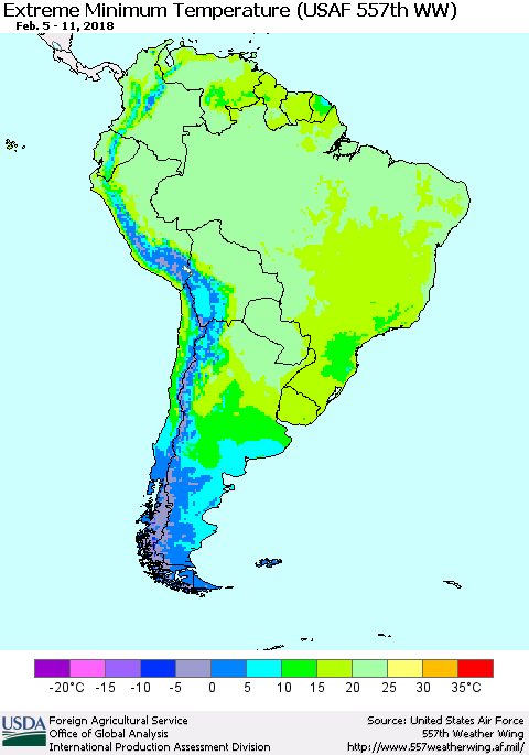 South America Minimum Daily Temperature (USAF 557th WW) Thematic Map For 2/5/2018 - 2/11/2018