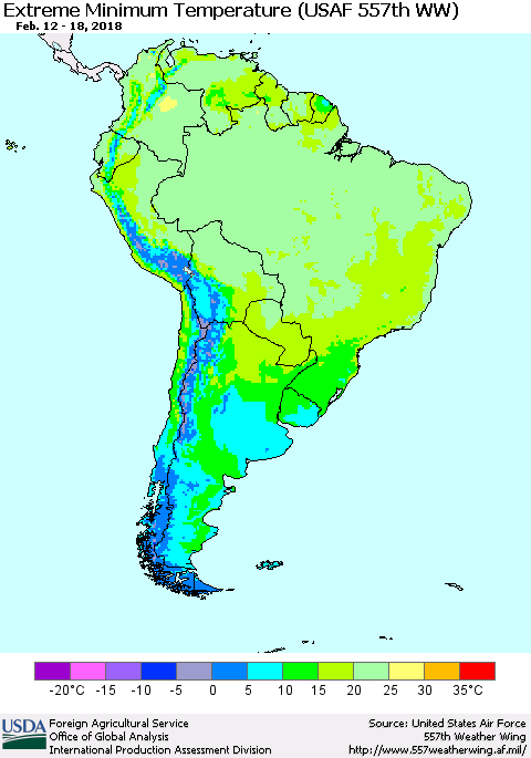 South America Minimum Daily Temperature (USAF 557th WW) Thematic Map For 2/12/2018 - 2/18/2018