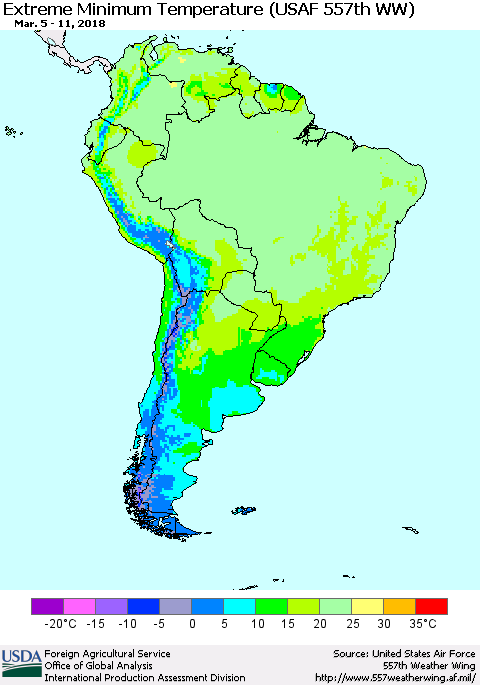 South America Minimum Daily Temperature (USAF 557th WW) Thematic Map For 3/5/2018 - 3/11/2018