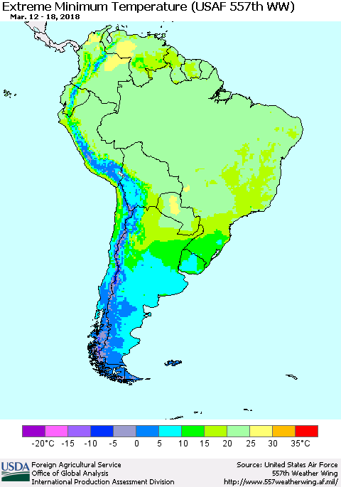 South America Minimum Daily Temperature (USAF 557th WW) Thematic Map For 3/12/2018 - 3/18/2018