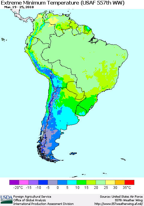 South America Minimum Daily Temperature (USAF 557th WW) Thematic Map For 3/19/2018 - 3/25/2018