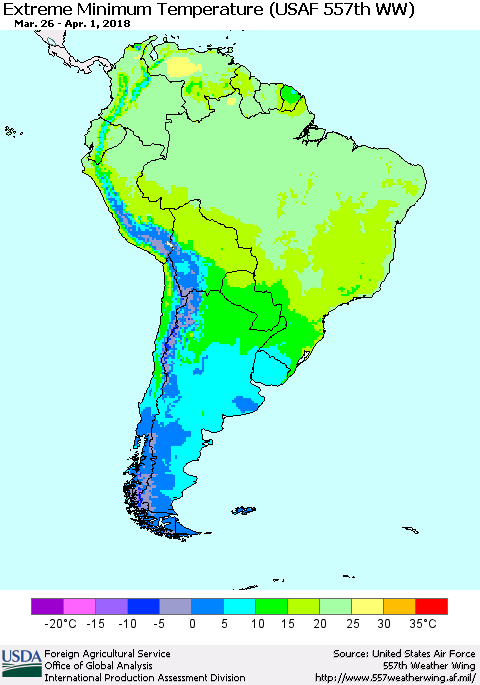South America Minimum Daily Temperature (USAF 557th WW) Thematic Map For 3/26/2018 - 4/1/2018