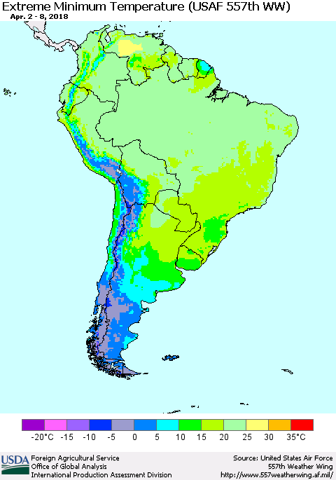 South America Minimum Daily Temperature (USAF 557th WW) Thematic Map For 4/2/2018 - 4/8/2018