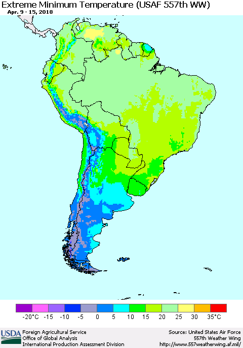 South America Minimum Daily Temperature (USAF 557th WW) Thematic Map For 4/9/2018 - 4/15/2018
