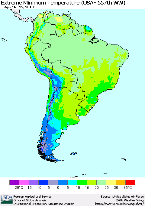 South America Minimum Daily Temperature (USAF 557th WW) Thematic Map For 4/16/2018 - 4/22/2018