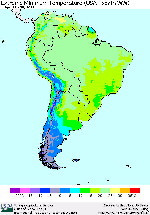 South America Minimum Daily Temperature (USAF 557th WW) Thematic Map For 4/23/2018 - 4/29/2018