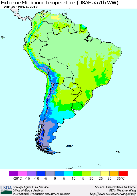 South America Minimum Daily Temperature (USAF 557th WW) Thematic Map For 4/30/2018 - 5/6/2018