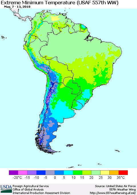 South America Minimum Daily Temperature (USAF 557th WW) Thematic Map For 5/7/2018 - 5/13/2018