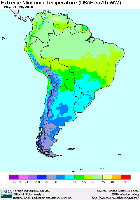 South America Minimum Daily Temperature (USAF 557th WW) Thematic Map For 5/14/2018 - 5/20/2018