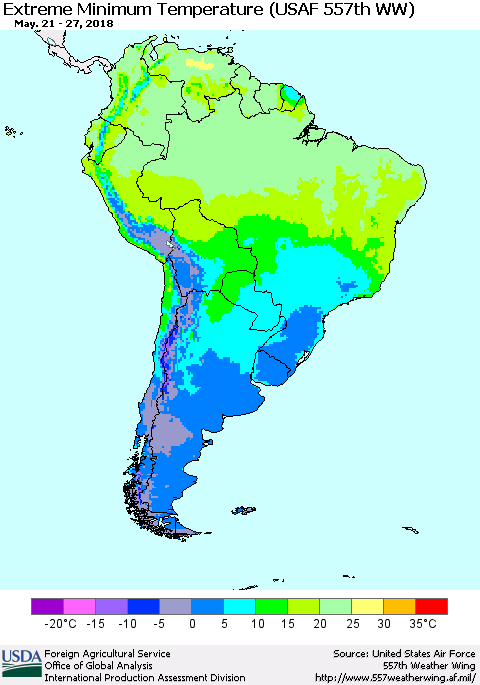 South America Minimum Daily Temperature (USAF 557th WW) Thematic Map For 5/21/2018 - 5/27/2018