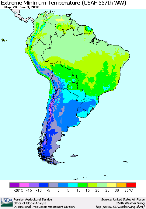 South America Minimum Daily Temperature (USAF 557th WW) Thematic Map For 5/28/2018 - 6/3/2018