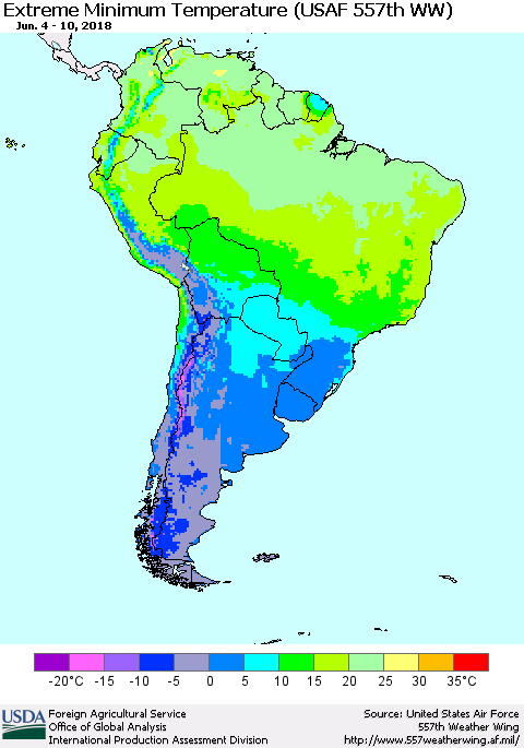 South America Minimum Daily Temperature (USAF 557th WW) Thematic Map For 6/4/2018 - 6/10/2018