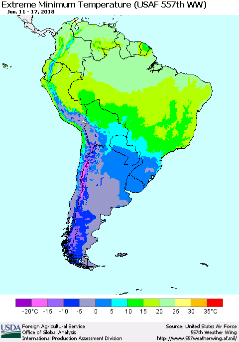 South America Minimum Daily Temperature (USAF 557th WW) Thematic Map For 6/11/2018 - 6/17/2018