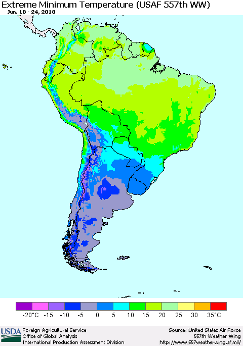 South America Minimum Daily Temperature (USAF 557th WW) Thematic Map For 6/18/2018 - 6/24/2018