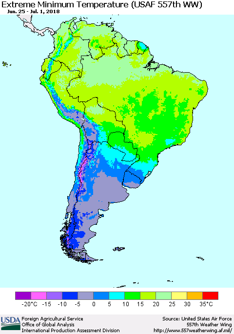 South America Minimum Daily Temperature (USAF 557th WW) Thematic Map For 6/25/2018 - 7/1/2018