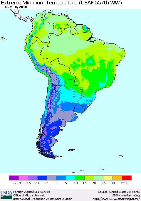 South America Minimum Daily Temperature (USAF 557th WW) Thematic Map For 7/2/2018 - 7/8/2018
