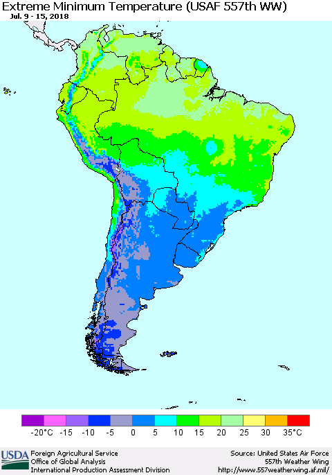 South America Minimum Daily Temperature (USAF 557th WW) Thematic Map For 7/9/2018 - 7/15/2018