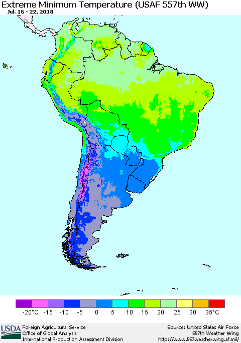 South America Minimum Daily Temperature (USAF 557th WW) Thematic Map For 7/16/2018 - 7/22/2018