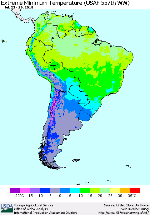 South America Minimum Daily Temperature (USAF 557th WW) Thematic Map For 7/23/2018 - 7/29/2018