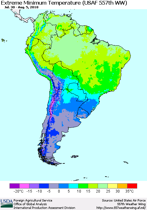 South America Minimum Daily Temperature (USAF 557th WW) Thematic Map For 7/30/2018 - 8/5/2018