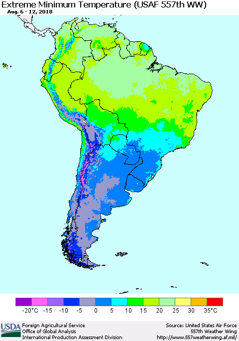 South America Minimum Daily Temperature (USAF 557th WW) Thematic Map For 8/6/2018 - 8/12/2018