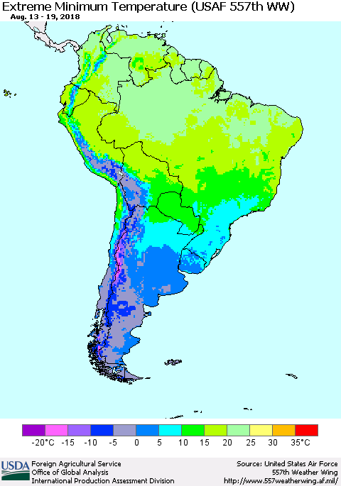 South America Minimum Daily Temperature (USAF 557th WW) Thematic Map For 8/13/2018 - 8/19/2018