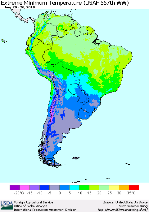 South America Minimum Daily Temperature (USAF 557th WW) Thematic Map For 8/20/2018 - 8/26/2018