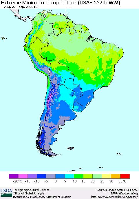 South America Minimum Daily Temperature (USAF 557th WW) Thematic Map For 8/27/2018 - 9/2/2018