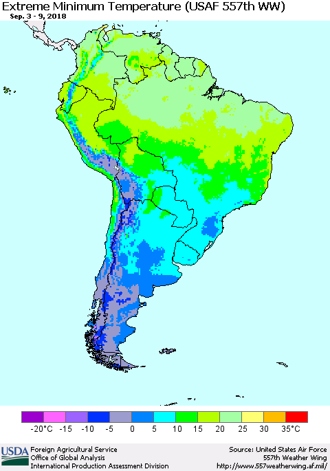 South America Minimum Daily Temperature (USAF 557th WW) Thematic Map For 9/3/2018 - 9/9/2018