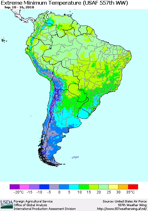 South America Minimum Daily Temperature (USAF 557th WW) Thematic Map For 9/10/2018 - 9/16/2018