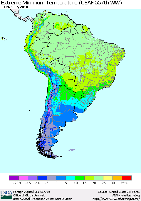 South America Minimum Daily Temperature (USAF 557th WW) Thematic Map For 10/1/2018 - 10/7/2018