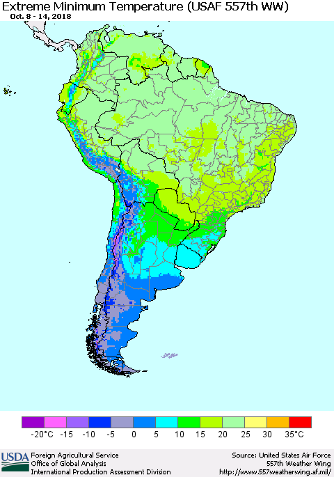 South America Minimum Daily Temperature (USAF 557th WW) Thematic Map For 10/8/2018 - 10/14/2018
