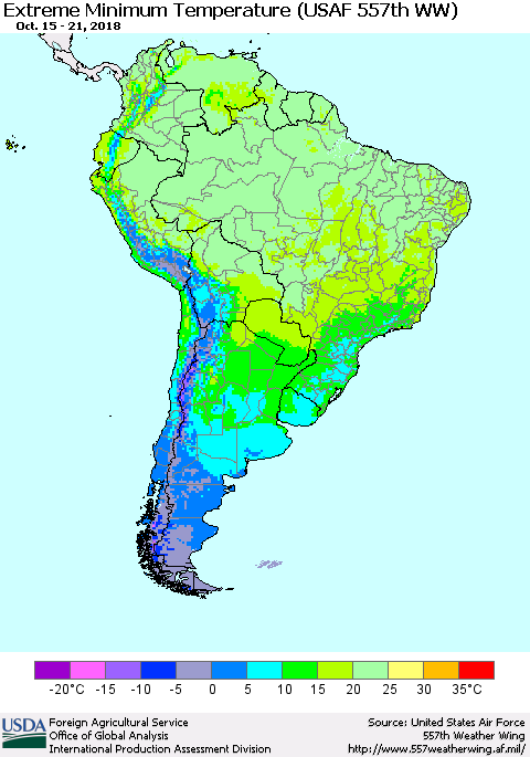 South America Minimum Daily Temperature (USAF 557th WW) Thematic Map For 10/15/2018 - 10/21/2018