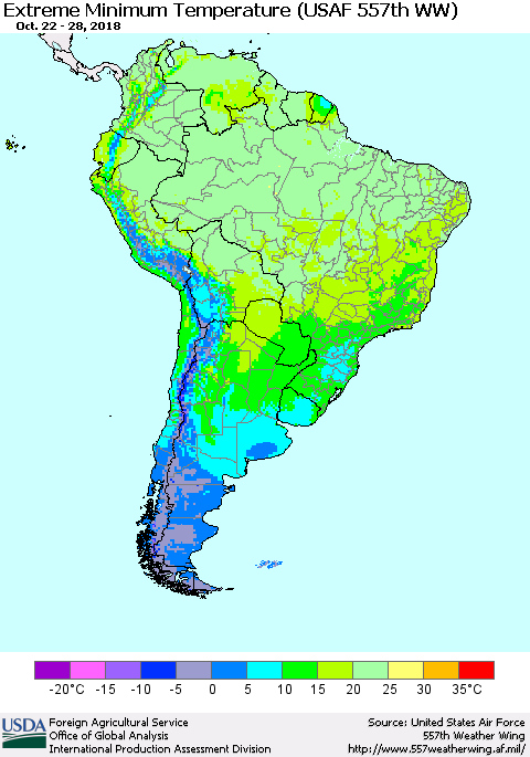 South America Minimum Daily Temperature (USAF 557th WW) Thematic Map For 10/22/2018 - 10/28/2018