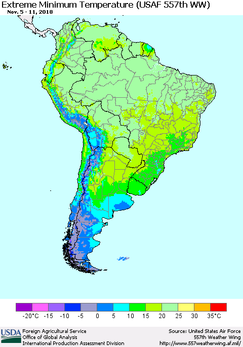 South America Minimum Daily Temperature (USAF 557th WW) Thematic Map For 11/5/2018 - 11/11/2018