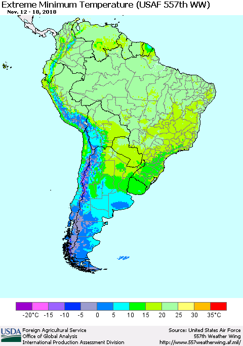 South America Minimum Daily Temperature (USAF 557th WW) Thematic Map For 11/12/2018 - 11/18/2018