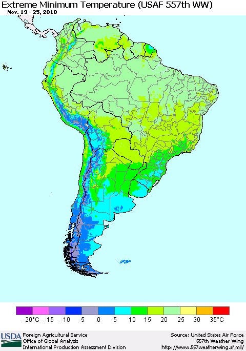 South America Minimum Daily Temperature (USAF 557th WW) Thematic Map For 11/19/2018 - 11/25/2018