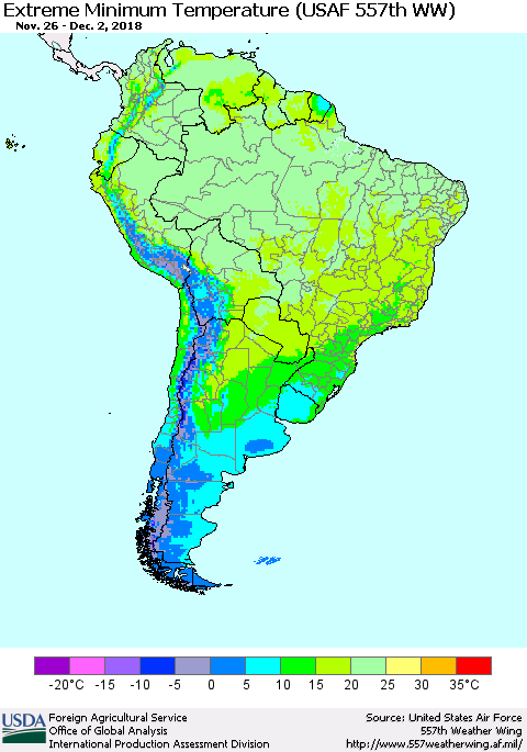South America Minimum Daily Temperature (USAF 557th WW) Thematic Map For 11/26/2018 - 12/2/2018