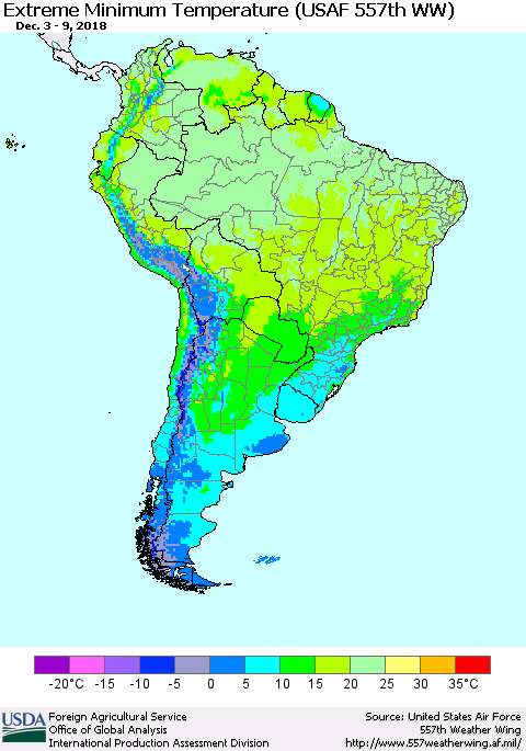 South America Minimum Daily Temperature (USAF 557th WW) Thematic Map For 12/3/2018 - 12/9/2018