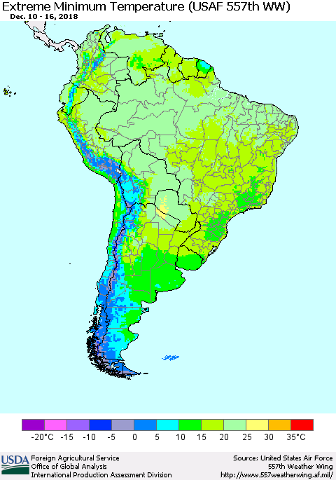 South America Minimum Daily Temperature (USAF 557th WW) Thematic Map For 12/10/2018 - 12/16/2018