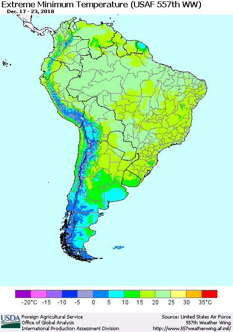 South America Minimum Daily Temperature (USAF 557th WW) Thematic Map For 12/17/2018 - 12/23/2018