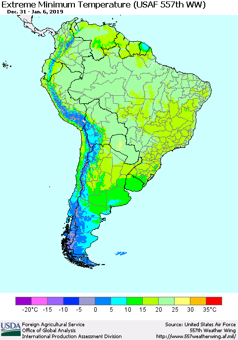 South America Minimum Daily Temperature (USAF 557th WW) Thematic Map For 12/31/2018 - 1/6/2019