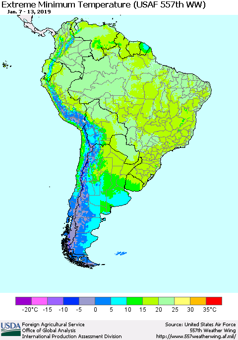 South America Minimum Daily Temperature (USAF 557th WW) Thematic Map For 1/7/2019 - 1/13/2019