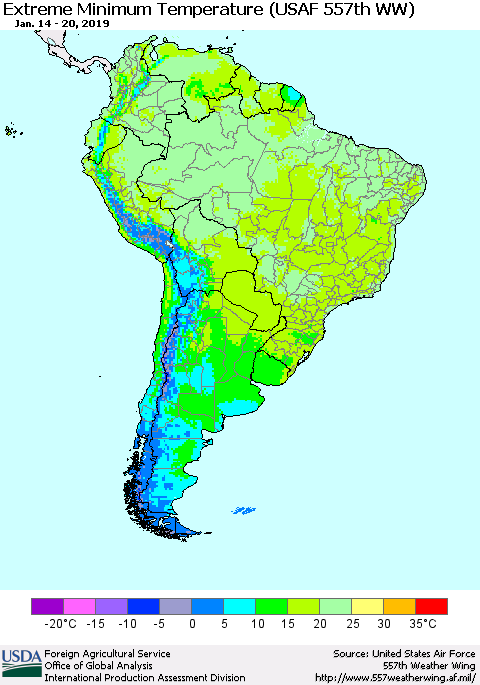 South America Minimum Daily Temperature (USAF 557th WW) Thematic Map For 1/14/2019 - 1/20/2019