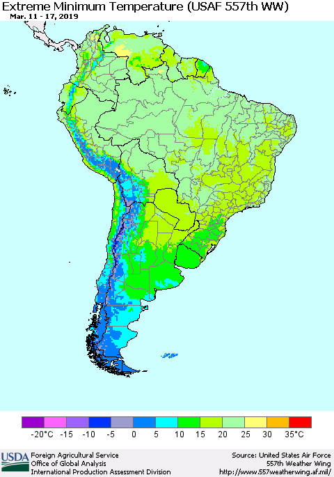 South America Minimum Daily Temperature (USAF 557th WW) Thematic Map For 3/11/2019 - 3/17/2019