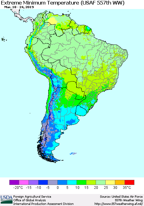 South America Minimum Daily Temperature (USAF 557th WW) Thematic Map For 3/18/2019 - 3/24/2019