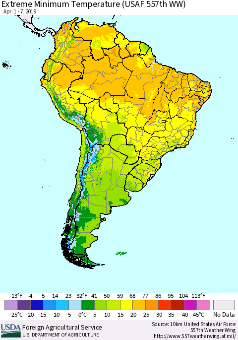 South America Minimum Daily Temperature (USAF 557th WW) Thematic Map For 4/1/2019 - 4/7/2019
