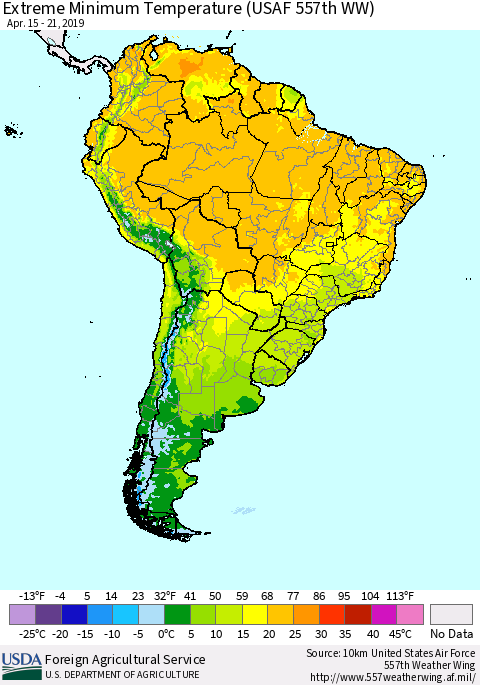 South America Minimum Daily Temperature (USAF 557th WW) Thematic Map For 4/15/2019 - 4/21/2019