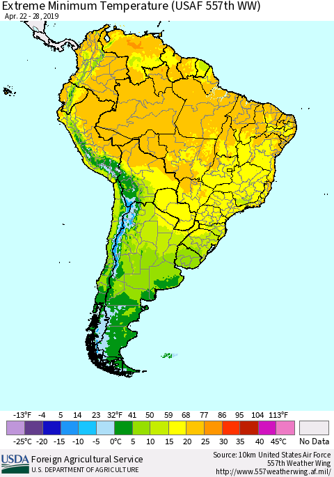 South America Minimum Daily Temperature (USAF 557th WW) Thematic Map For 4/22/2019 - 4/28/2019