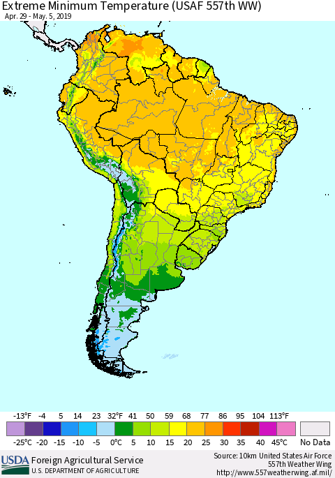South America Minimum Daily Temperature (USAF 557th WW) Thematic Map For 4/29/2019 - 5/5/2019